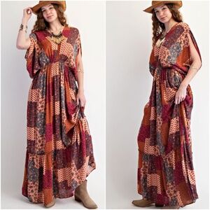Easel Multicolor Floral Print Patchwork V neck Kimono Sleeve Maxi dress